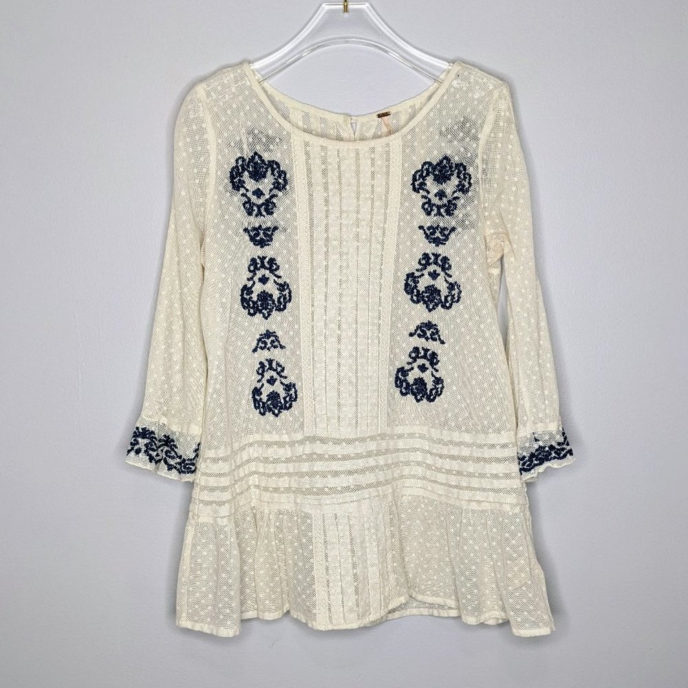 Free People Ivory Lace Long Sleeve Embroidered Blouse Size XS - Picture 1 of 10